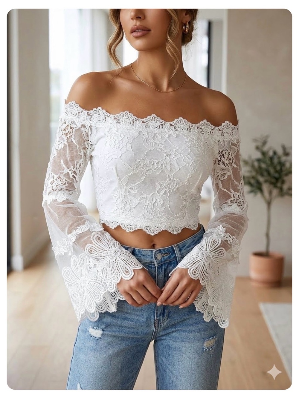 San Joy White Off-Shoulder Lace Crop Top